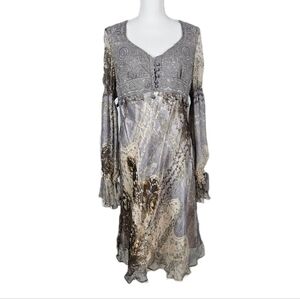 Flawed Y2k Silk Blend Dress Fairy Whimsy Size 4 Long Billowy Sleeves Sheer Gray